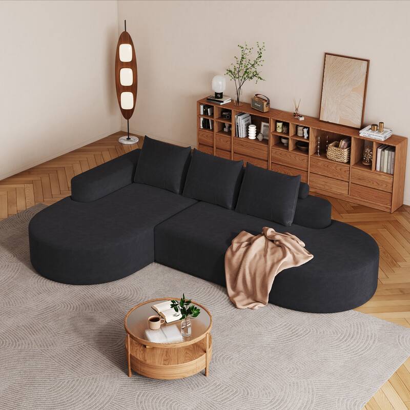 Modern Free Combination Chenille L-Shaped Sectional Sofa Couch with 3 Pillows - Black-Left Hand Facing