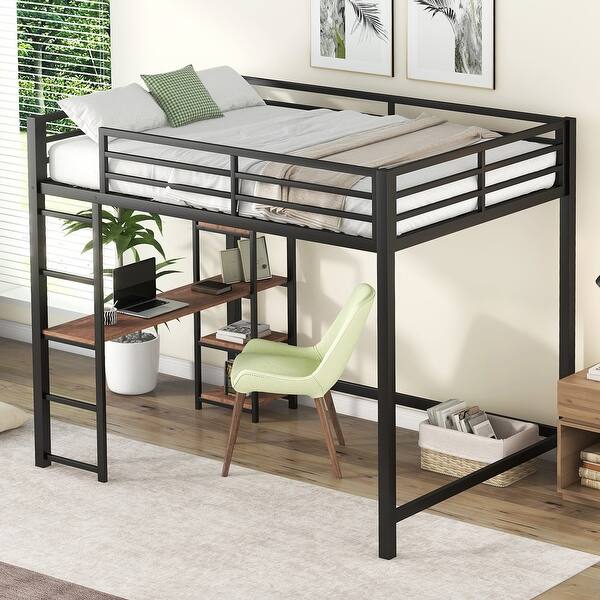 slide 2 of 3, Full Size Metal Loft Bed with Desk and Storage Shelves - Modern Space-Saving Design