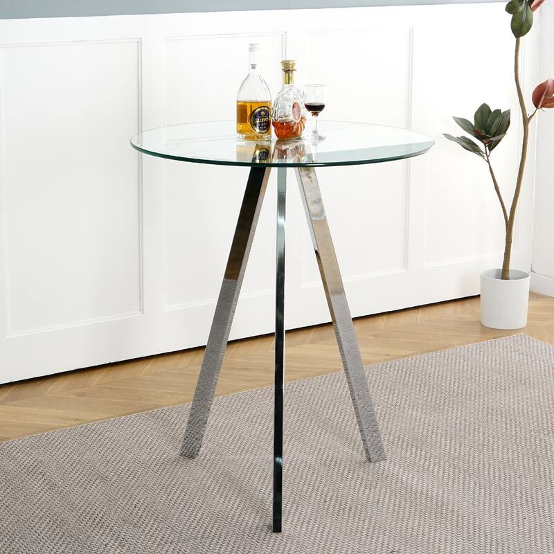 Modern Kitchen Glass dining table ROUND Tempered Glass BAR Table top,Clear BAR Table Metal Legs,electroplated legs (set of 1) - Silver