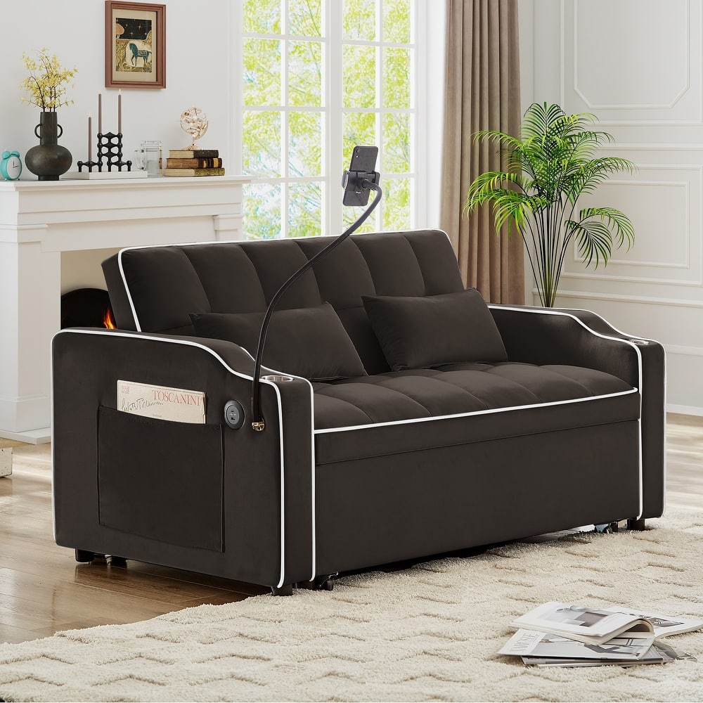 Convertible Sofa Bed Loveseat with Adjustable Backrest & Storage Pockets, Pull-Out Sleeper Sofa with USB Charging Ports