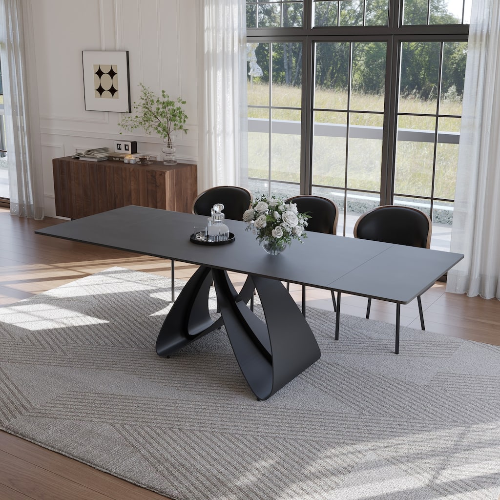 63"-94"Modern Extendable Dining Table for 6-10, Matte Black Kitchen Table with Black Carbon Steel Legs