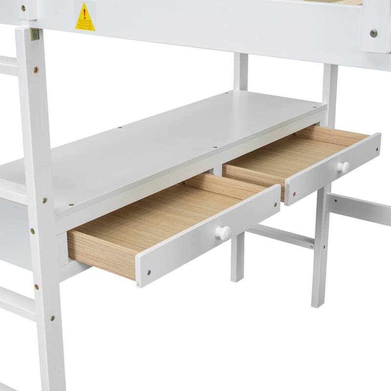 Roomfitters Full Size Loft Bed with Built-In Desk, 4 Drawers and Storage Shelves, White