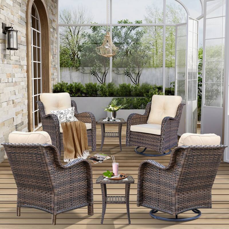 Brown Wicker Outdoor Patio Furniture Seating Sets with Beige Cushions - Beige - 6 Piece
