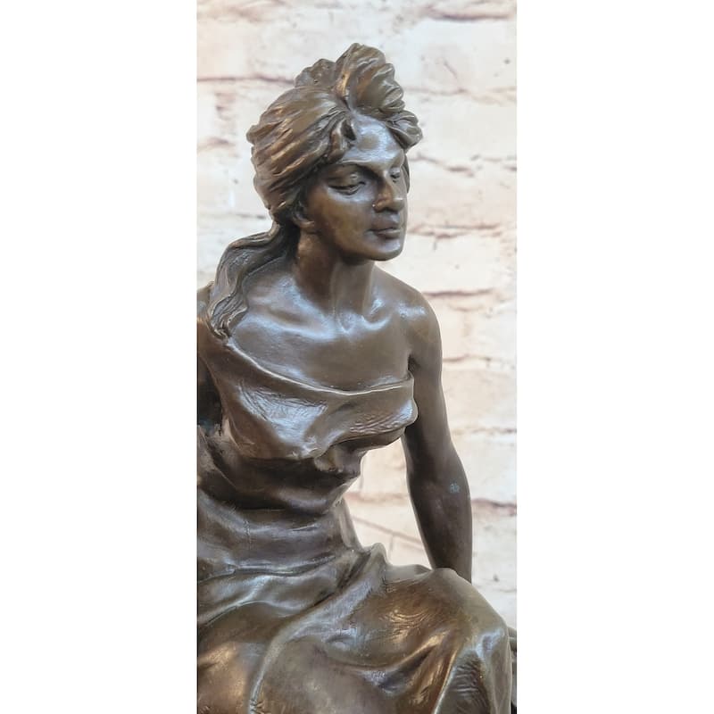 Classical Woman Sitting On A Rock Wall Bronze Sculpture Statue Figure On Marble Base