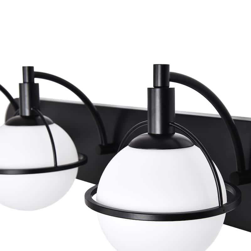 3 - Light Modern Wall Sconce, Black Metal with White Globe Glass Shades