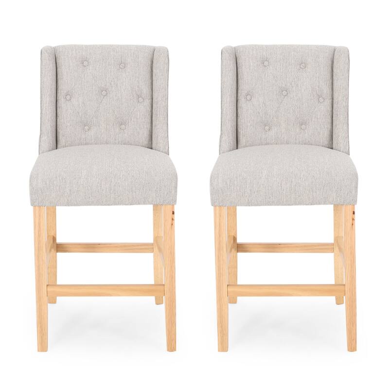 Seliva Counter Stool Chair Set of 2, Light Gray Fabric, Tufted, Brown Wood