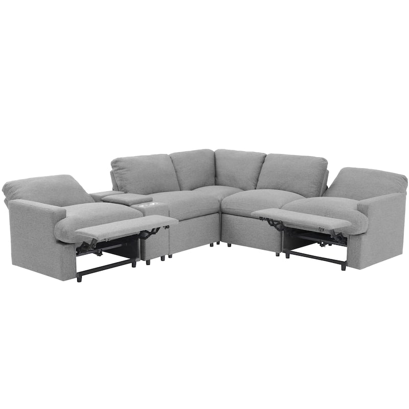 104" Linen Power Recliner Sectional 4-Seat Sofa with Storage, USB Ports and Cup Holders