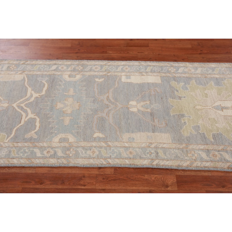 Hand Knotted Oriental 100% Wool Carpet Transitional Floral Greys & Charcoal Oushak Runner Rug - 11' 7'' X 2' 11''