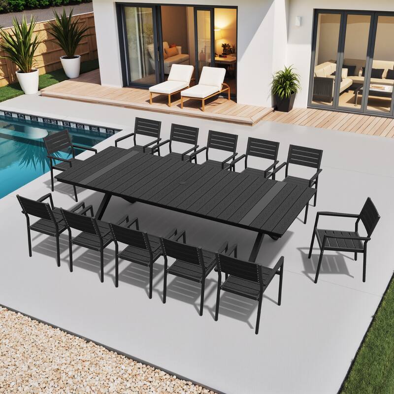 13-Piece Outdoor Dining Set Aluminum Rectangular Table with Umbrella Hole and Stackable Chairs - Black