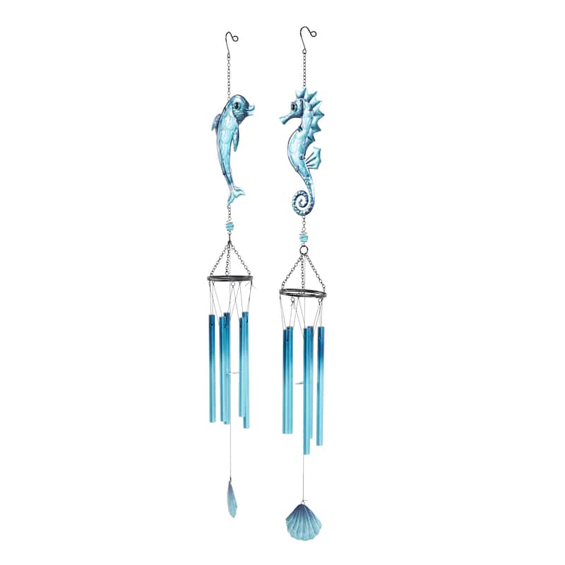 Blue Metal Animals Sea Life Windchime with Dangling Seashells (Set of 2)