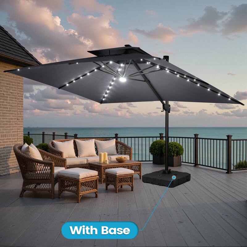 13 x 10ft Solar Powered LED Patio Cantilever Umbrella 360-degree Rotation with Weighted Base