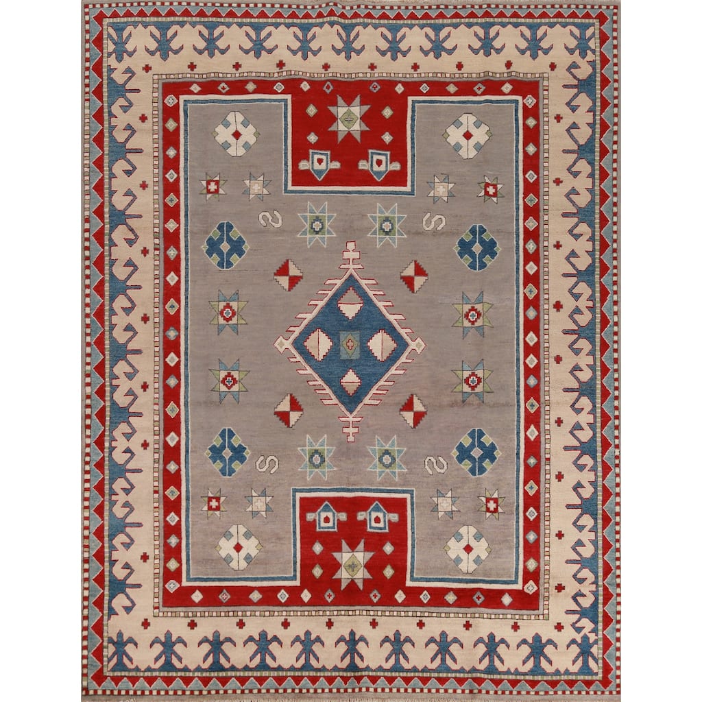 Hand Knotted Oriental 100% Wool Carpet Traditional Geometric Greys & Charcoal Kazak Area Rug - 9' 6'' X 7' 9''