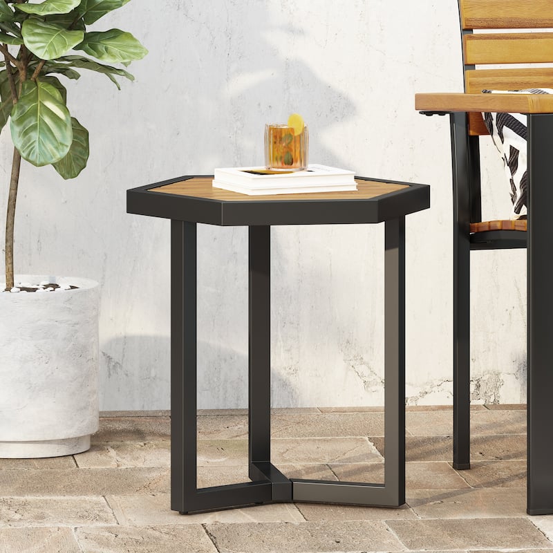 Nahanni Outdoor Acacia Wood Side Table by Christopher Knight Home - Teak + Black Metal