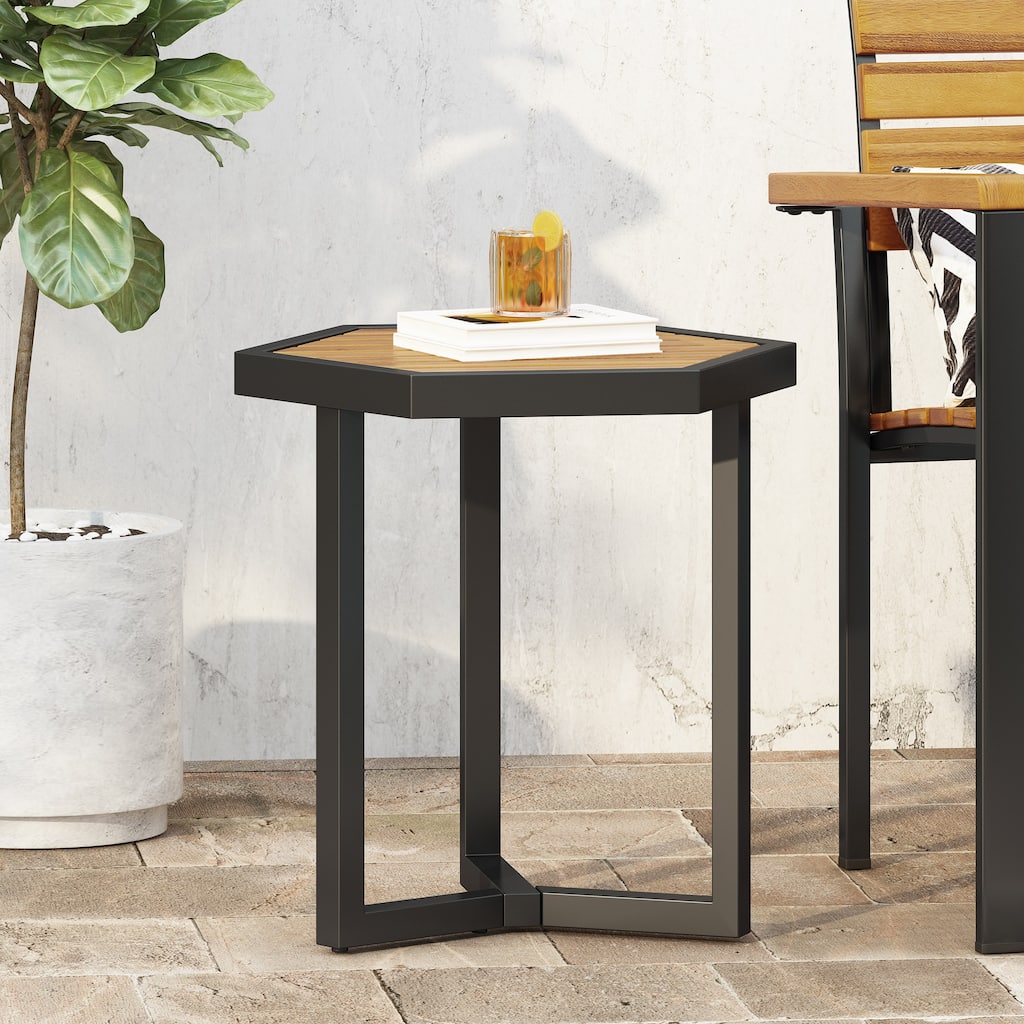 Roomfitters Outdoor Accent Side Table with Durable Metal Base and Teak-Style Surface, Beige