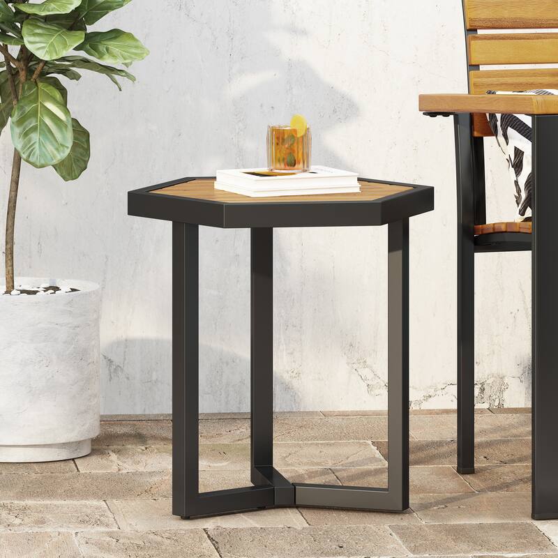 Roomfitters Outdoor Accent Side Table with Durable Metal Base and Teak-Style Surface, Beige - Beige