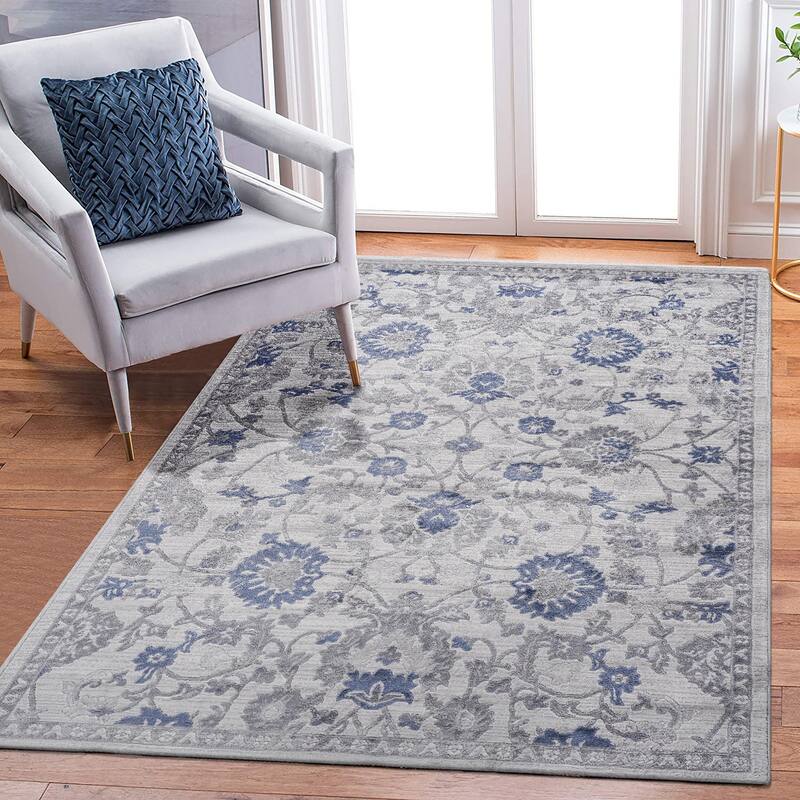 LOOM & LUXE Blue/Silver Collection Oriental Non-Shedding Area Rug