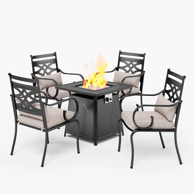 MAISON ARTS 5-Piece Outdoor Dining Set Gas Fire Pit Table & Elegant Cast Iron Pattern Dining Chairs