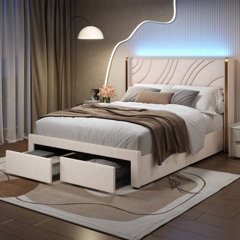 Modern Velvet LED Bed Frame with Storage Drawers and RGB Lighting