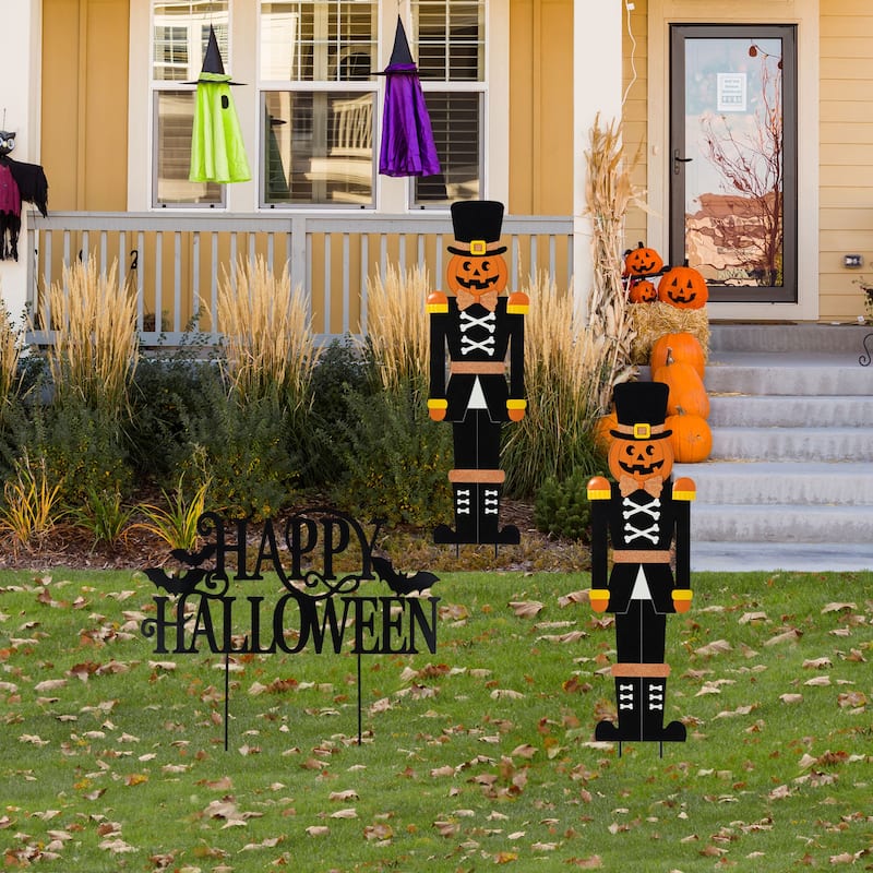 Glitzhome 32"H Set of 2 Halloween Metal Nutcracker and HAPPY HALLOWEEN Yard Stake