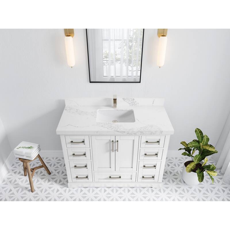 Willow Collection 48 in W x 22 in D x 36 in H Boston Single Bowl Sink Bathroom Vanity with Countertop - 2"Calacatta Nuvo - White