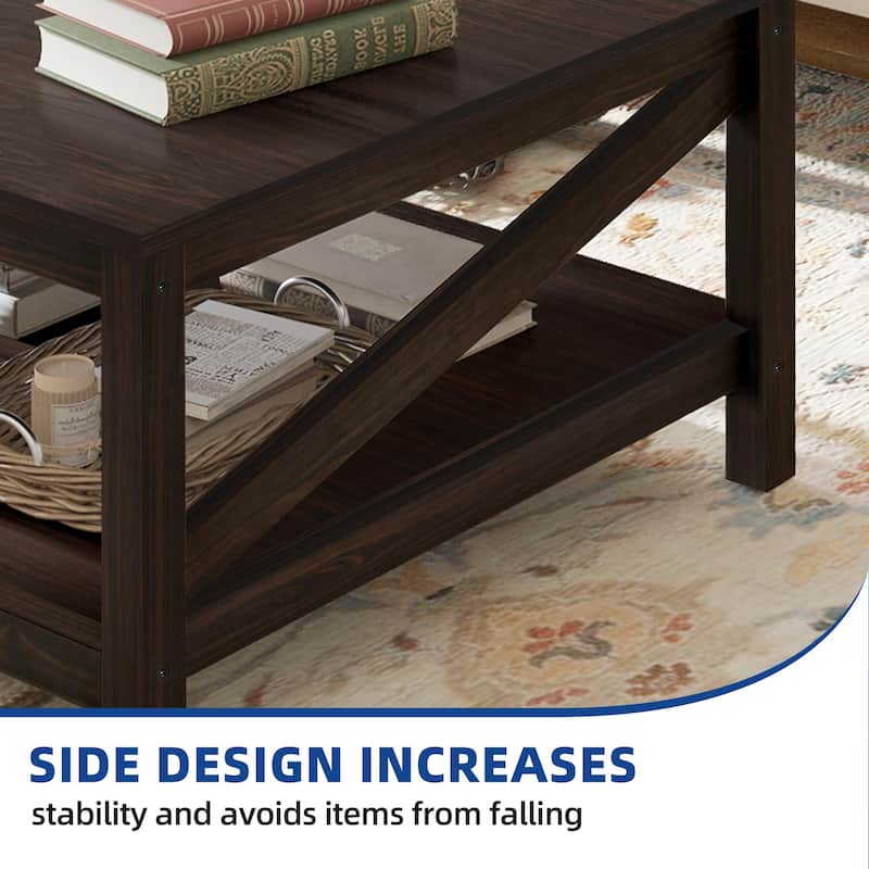 Moasis Farmhouse Coffee Table with Shelf, 2-Tier Center Table for Living Room