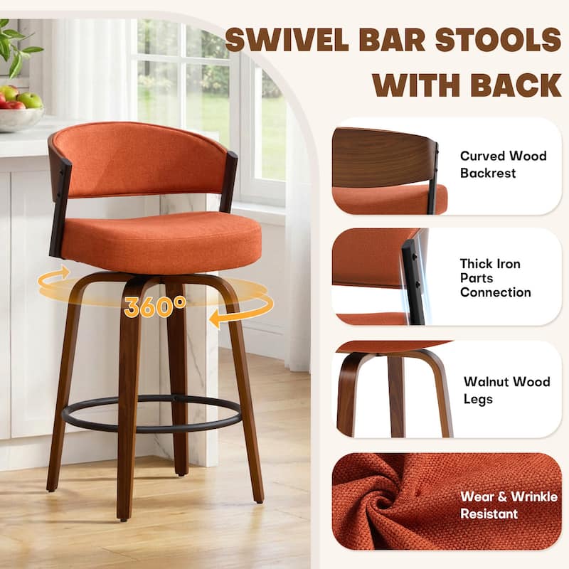 Upholstered Swivel Counter Height Bar Stool with Curved Back and Bentwood Frame - 37.2"H x 19.1"W x 20.5"D