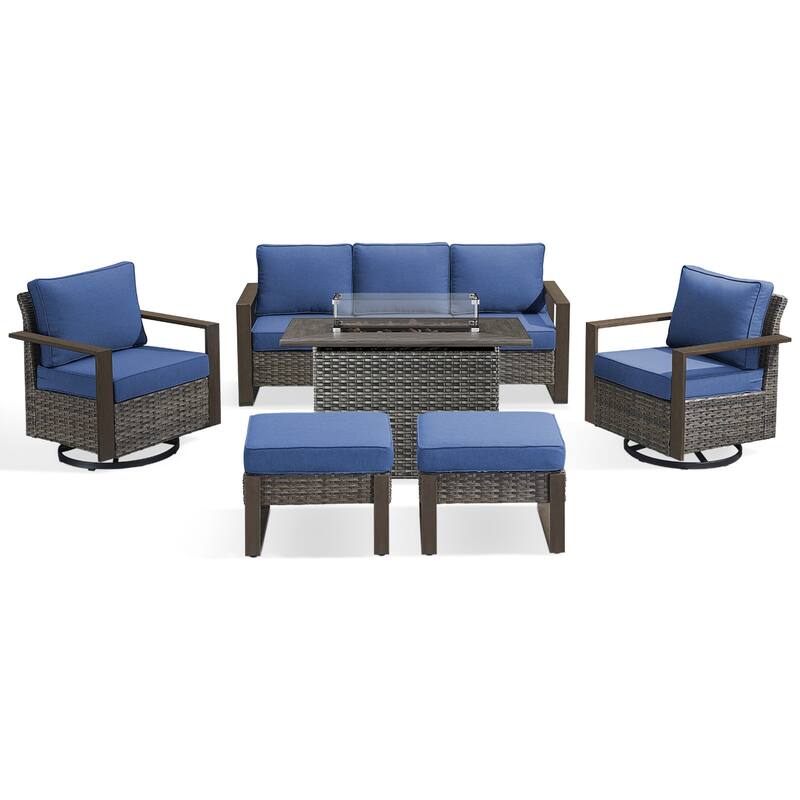 Meyreso Wicker Outdoor Patio Fire Pit Set with Swivel Gliders & 4.5" Olefin Cushions