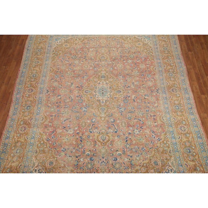 Hand Knotted Oriental 100% Wool Carpet Traditional Floral Pink Mashad Area Rug - 12' 9'' X 9' 4''