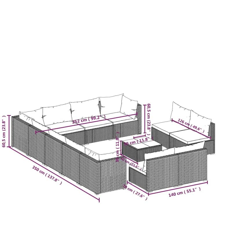 vidaXL Patio Lounge Set with Cushions Brown Poly Rattan - 27.6" x 27.6" x 24" - 27.6" x 27.6" x 24"