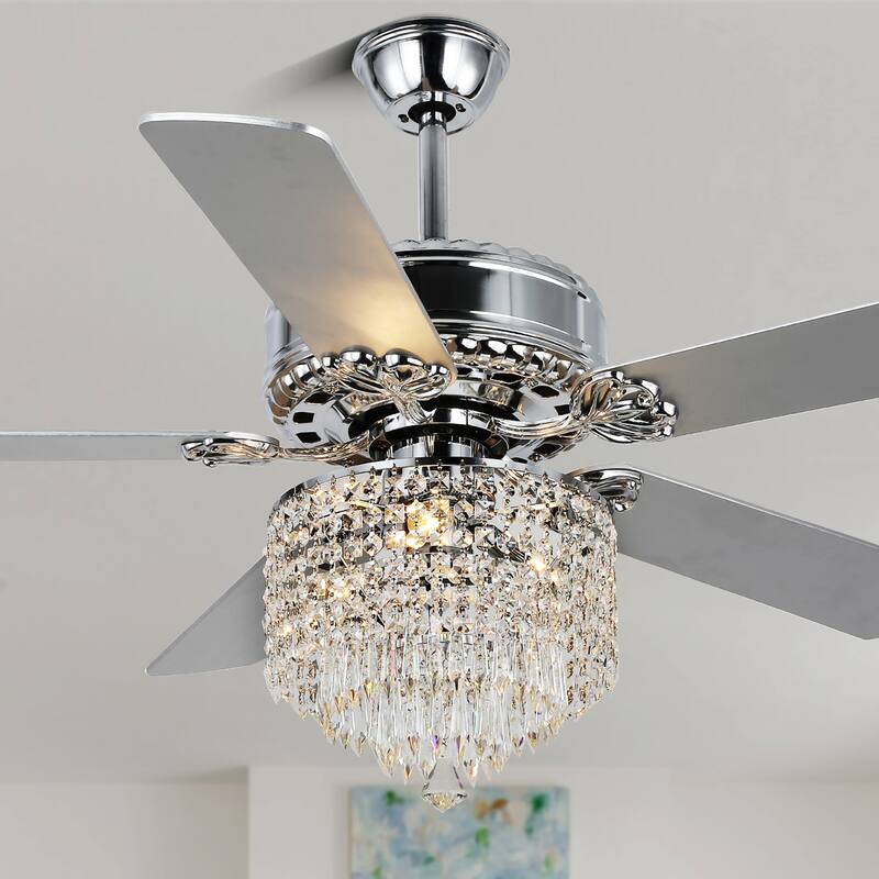 52" Chrome Chandelier Ceiling Fan, Pull Chain Ceiling Fan with Remote Control 3 Speed Ceiling Fan for Bedroom and Living Room - Pull Chain/Remote