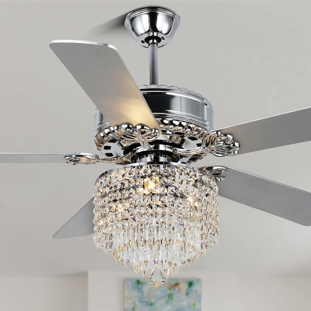 52" Chrome Chandelier Ceiling Fan, Pull Chain Ceiling Fan with Remote Control 3 Speed Ceiling Fan for Bedroom and Living Room