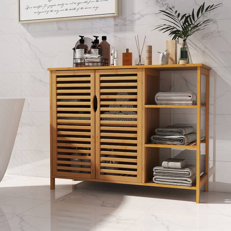39.5" Natural Wicker Bathroom Storage Cabinet with Open Shelves and 2-Door for Kitchen or Living Room - 39.5" x 14" x 31.5"