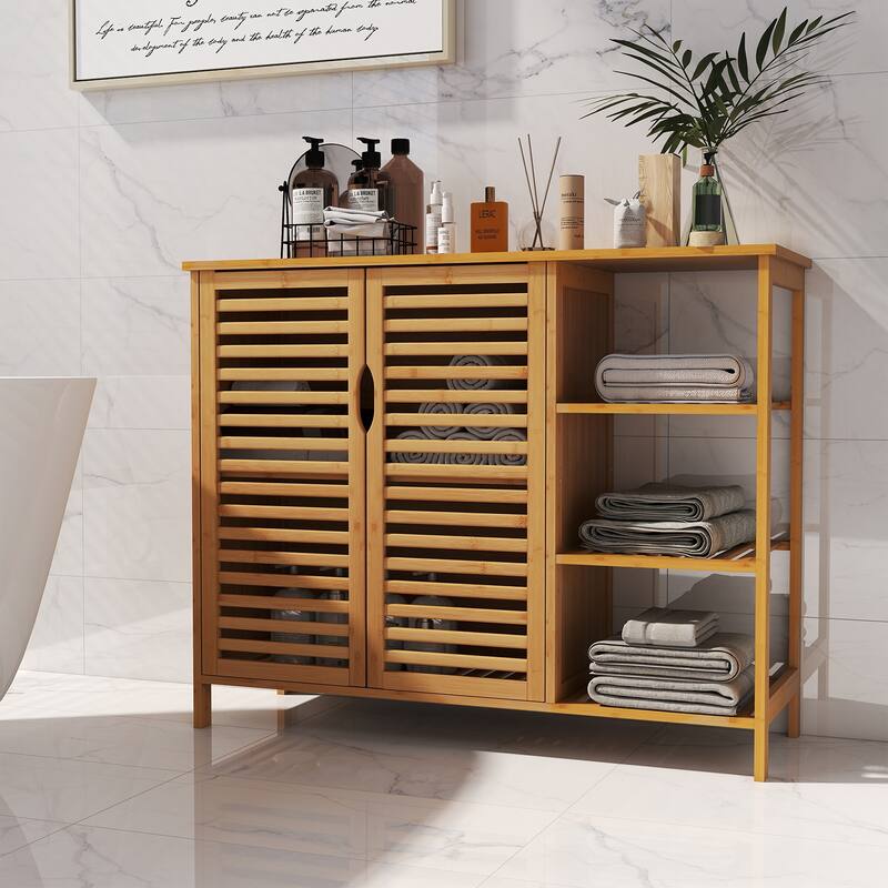 Gymax Bamboo Bathroom Cabinet 2-Door Storage Organizer w/ Shelves