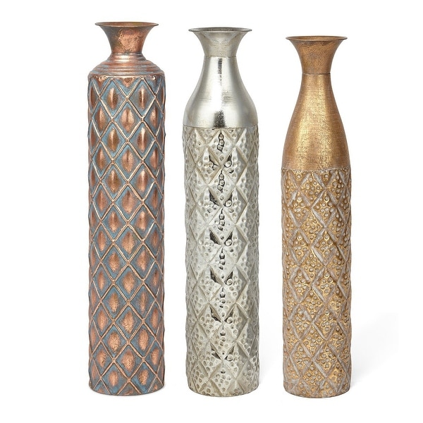 Set of 3 Silver and Gold Colored Geometric Pattern Narrow Vases 28" - N/A