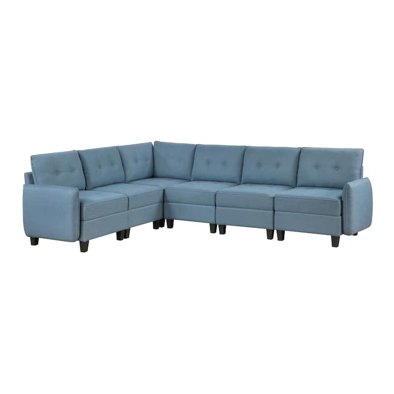 Dorian Textured 6-Piece Sectional Sofa - Storage, Button-Tufted - Blue