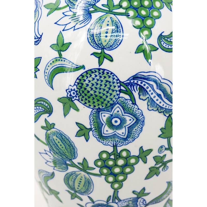 19" White Blue And Green Floral Urn Porcelain Table Vase - 9.30