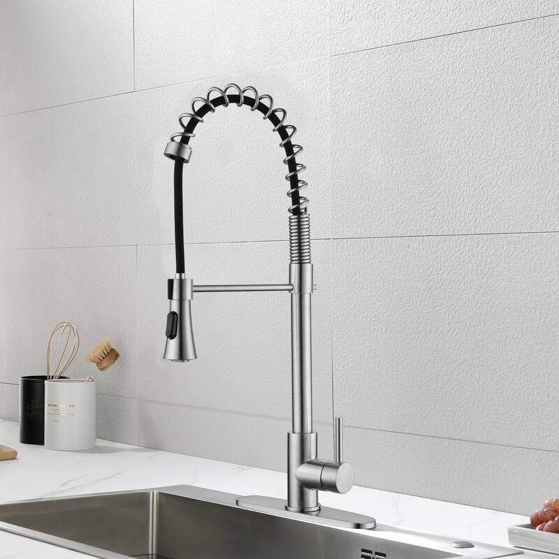 Modern Single Handle Pull-Down Kitchen Faucet with Deck Plate, 2-Function Sprayer - Brushed Stainless Steel