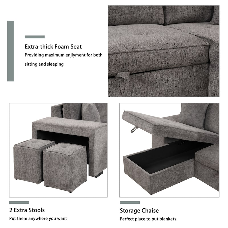 104.5" Linen L-Shaped Sectional Sofa Bed with Stools
