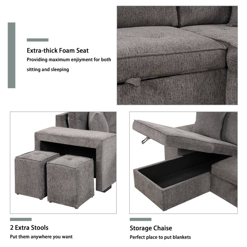 104.5" Linen L-Shaped Sectional Sofa with Pull-Out Bed and Storage Chaise, Includes 2 Stools
