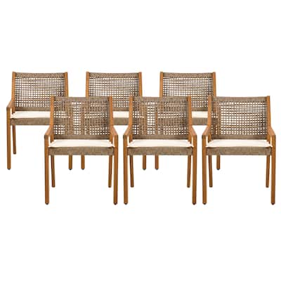 OUTDOOR DINING CHAIR SET-Acacia Wood and Wicker with Cream Cushion Patio Furniture-Teak finish & wicke Brown ,set of 6