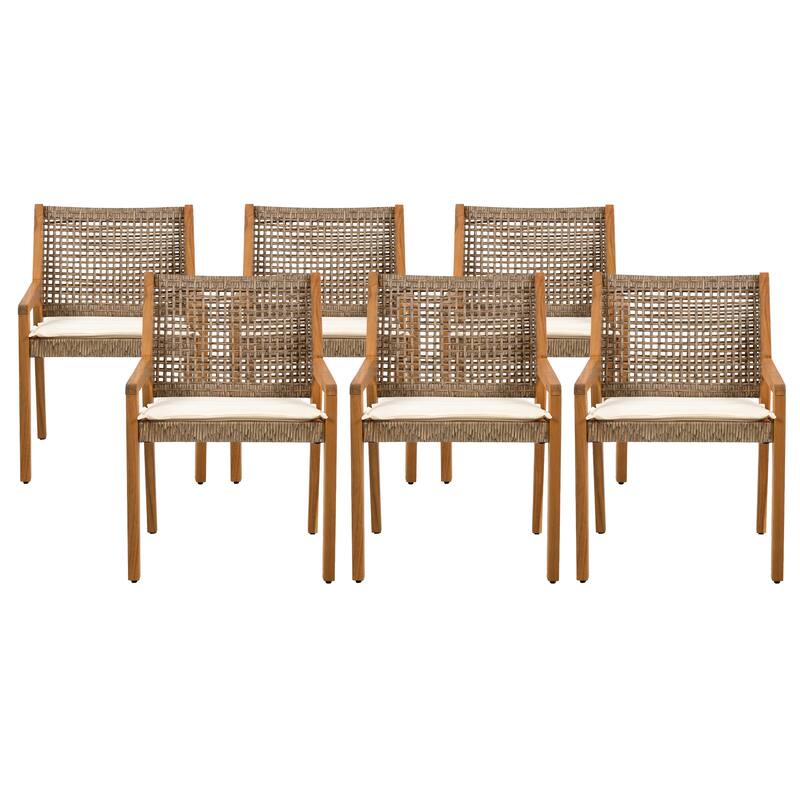 Set of 2 Outdoor Dining Chairs ，Acacia Wood & Wicker with Cream Cushion ，Teak Finish & Brown Wicker