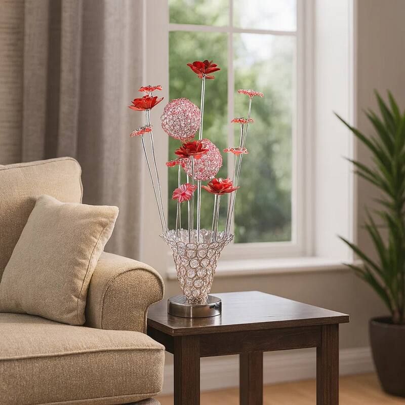 Accent Table Lamp, LED, Red Roses Trumpet Crystal Vase, Chrome 21 Inch