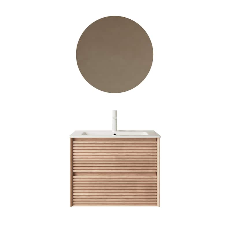 30" Bathroom Vanity with White Ceramic Sink, Natural Walnut Plywood Cabinet, 2 Spacious Drawers