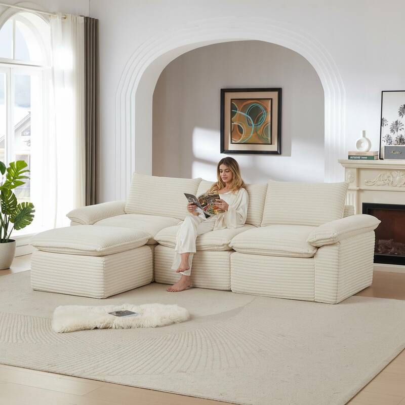 L Shaped Sectional Sofa with Ottoman, Oversized Corduroy Upholstered Cloud Sofa, High-Density Sponge 4 Seater Sofa - White