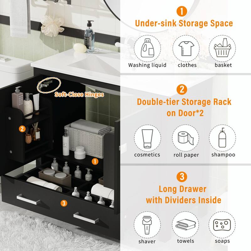 36"/30" Bathroom Vanity with Ceramic Sink, Soft-Close Doors, Double Storage Shelves & Divided Drawer