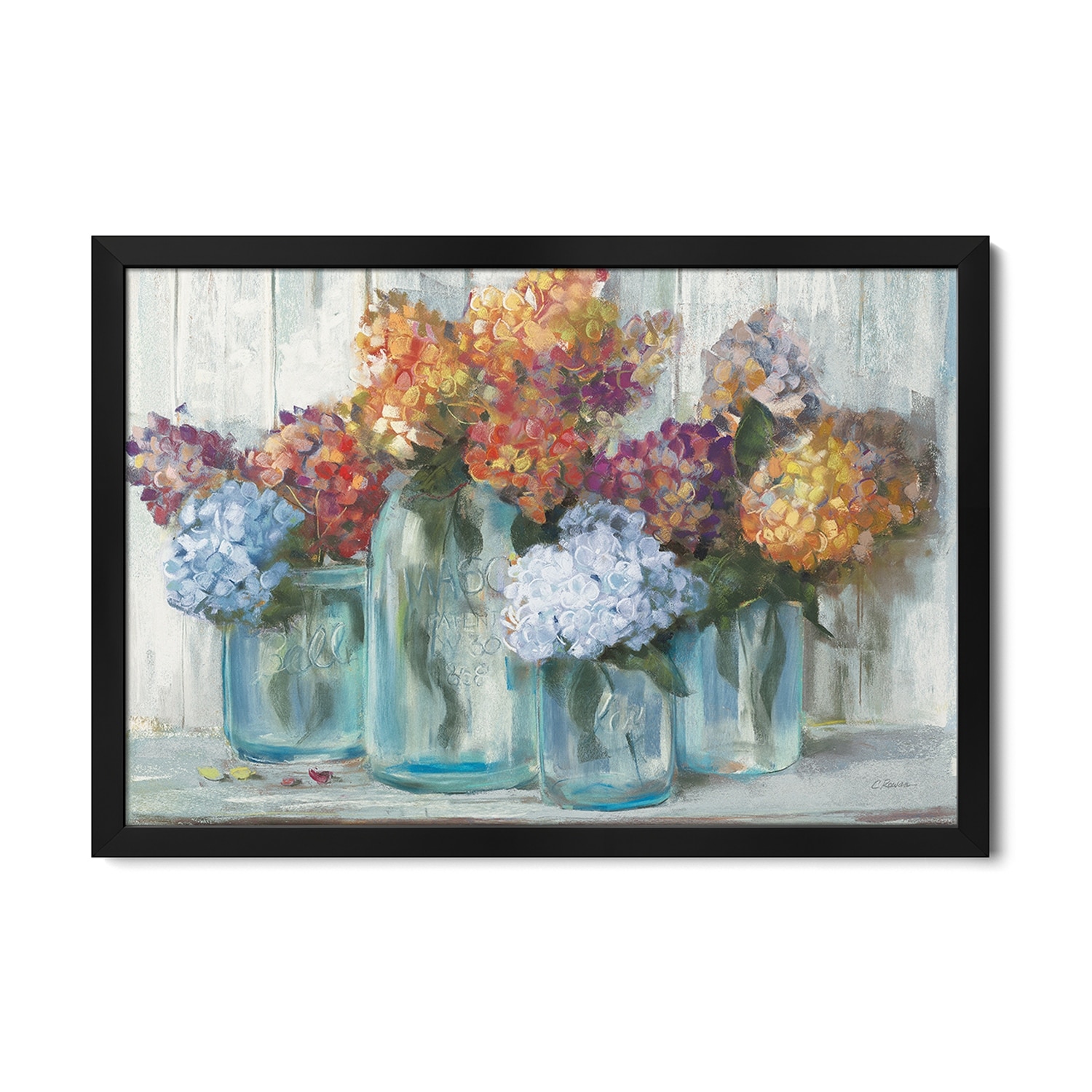 Fall Hydrangeas In Glass Jar Crop Premium Framed Poster by Carol Rowan