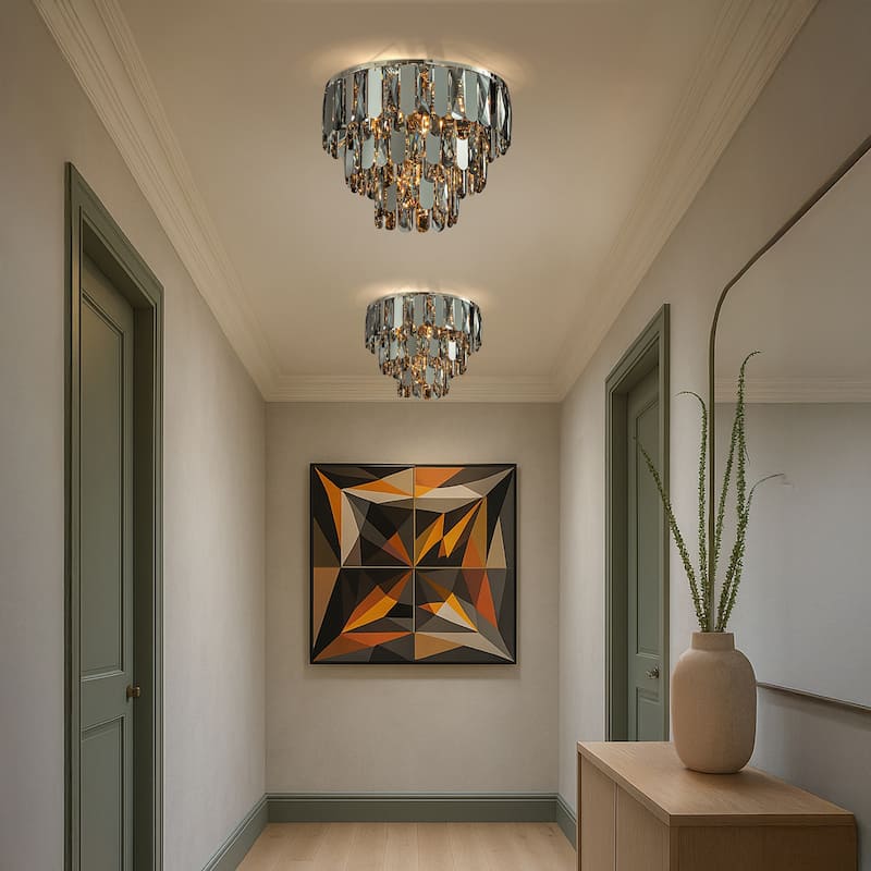 Dimmable Smoked Crystal Flush Mount Ceiling Light Round with Polished Nickel Finish and Stainless Steel Accents for Dining Room