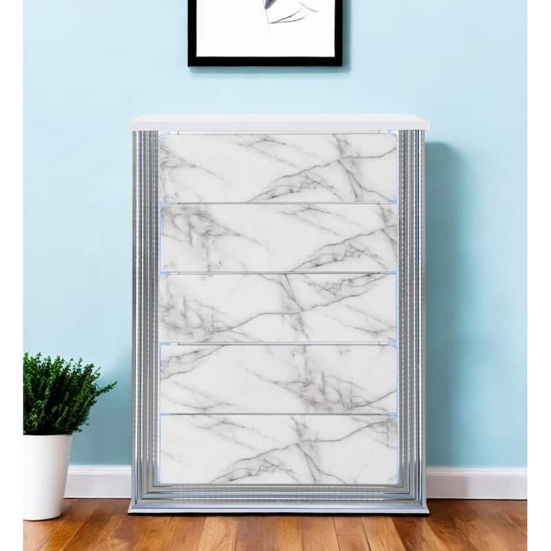 HomeRoots 49" Silver And White Wood Faux Marble Lighted Five Drawer Dresser - White/Silver - 5-drawer