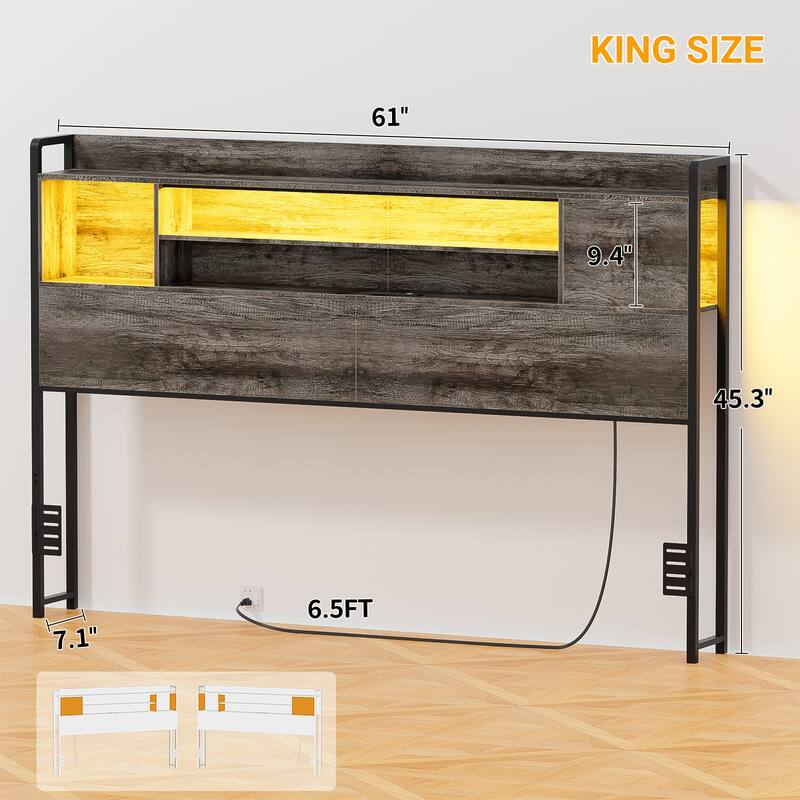 Storage Headboards with Power Outlet and LED Light, Head board with Storage Shelves for Bed Frame