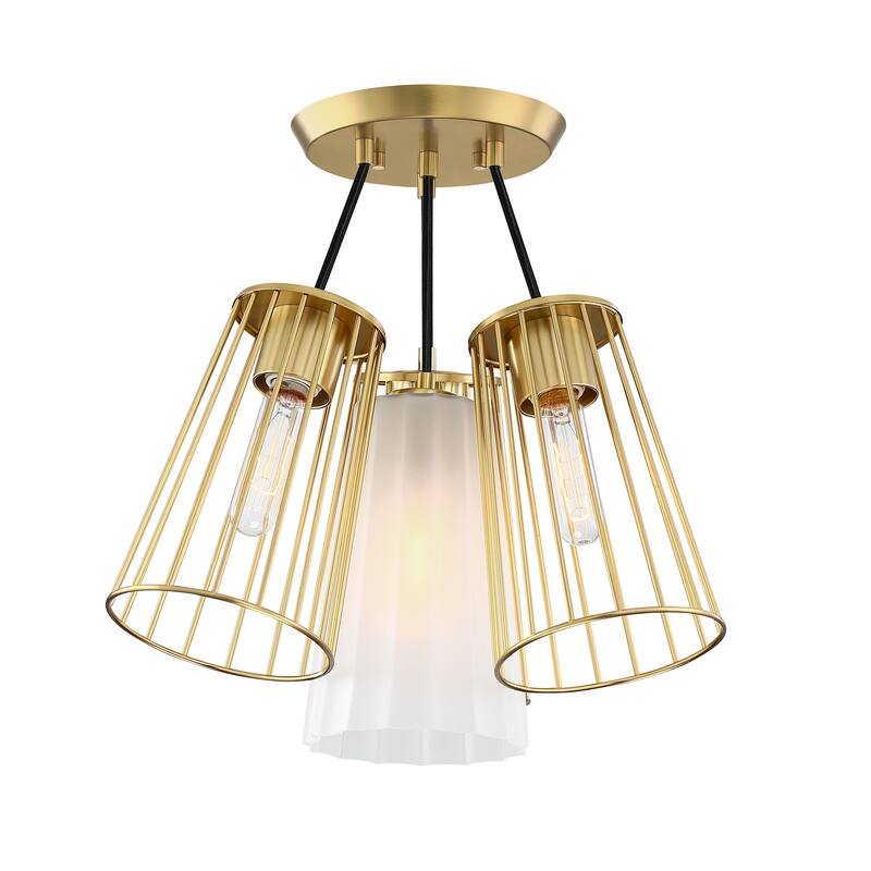 Liana 19 in. 4-Light Brushed Gold Glam Semi Flush Mount with Etched Glass and Wire Cage Shades for Bedrooms - 16.75